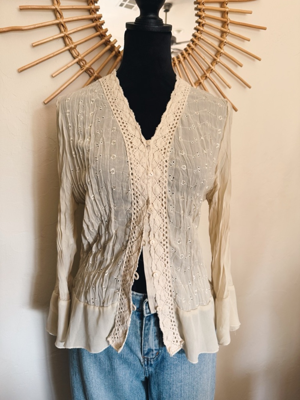 Araz Cream Eyelet Crochet-Trim Button Front Blouse